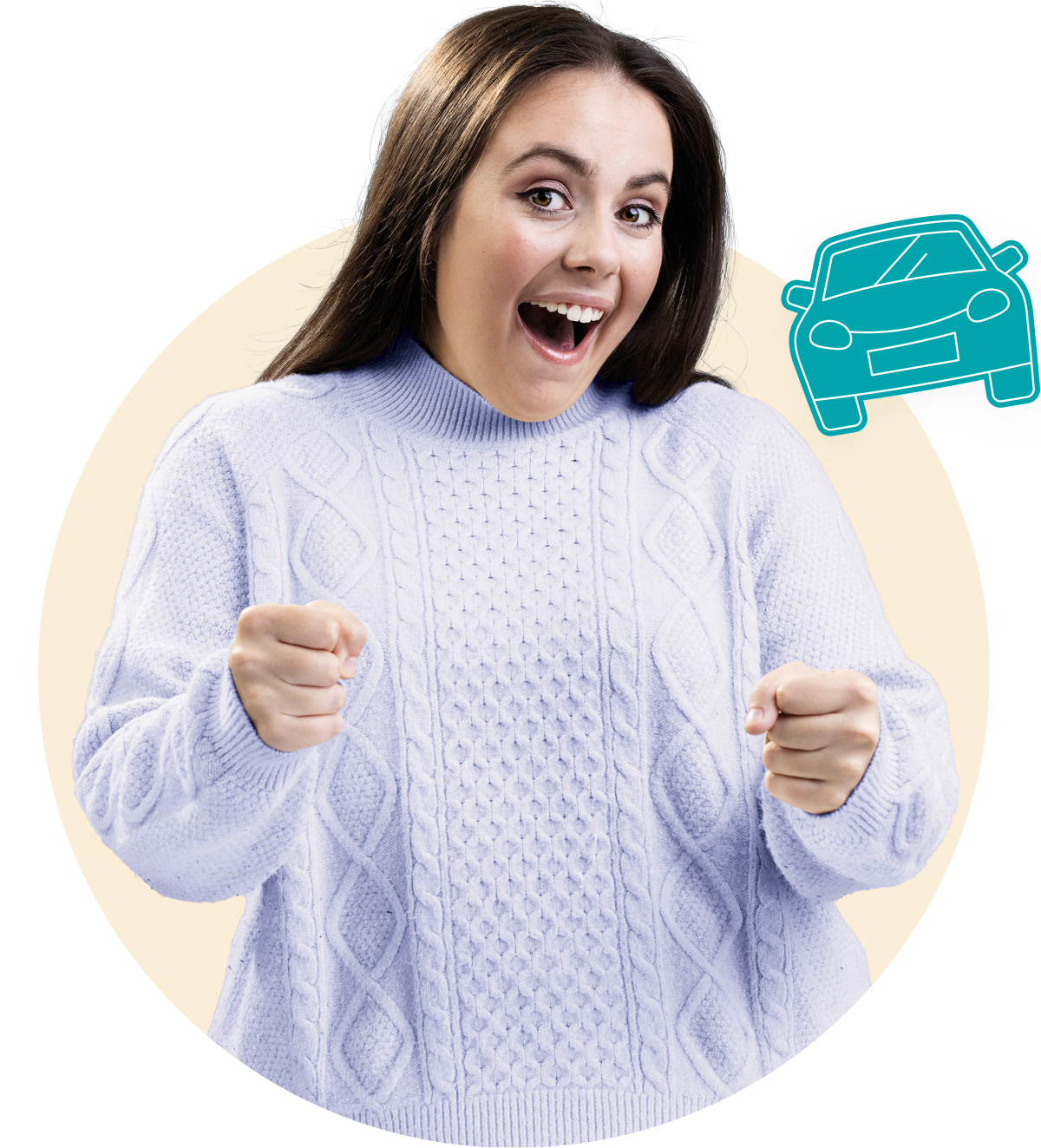 A young girl in a lilac jumper smiling, pretending to hold a car wheel