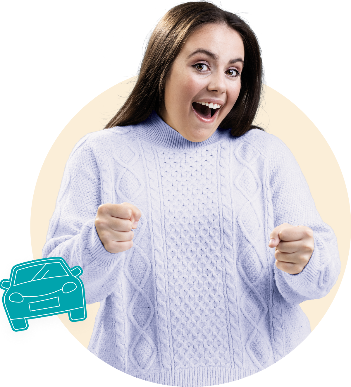 A young girl in a lilac jumper smiling, pretending to hold a car wheel